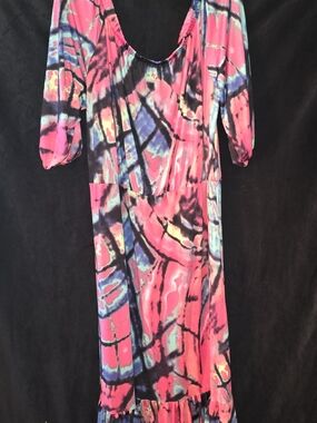 Ashley Stewart Pink Multicolor Abstract Scoop-Neck Maxi Dress